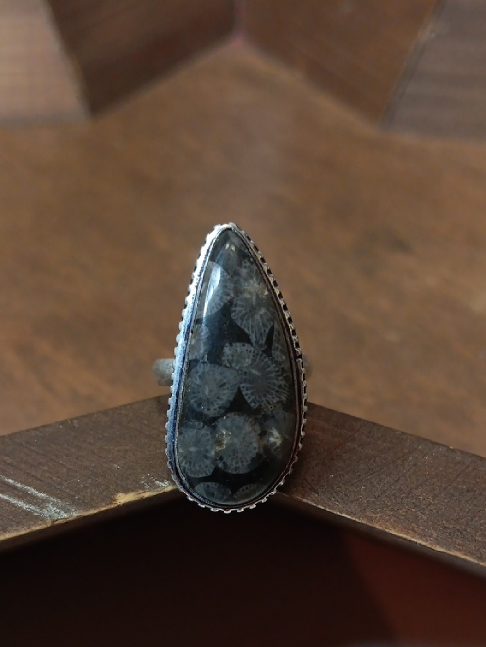 Black Teardrop Fossil Stone Ring - Elegant Women's Jewelry